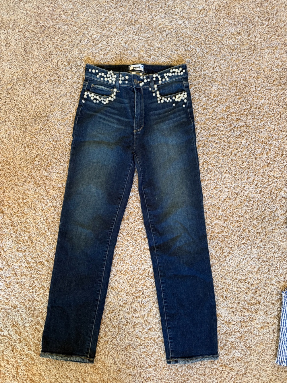 PAIGE Dark Blue Skinny Jeans with Pearl Pocket Trim